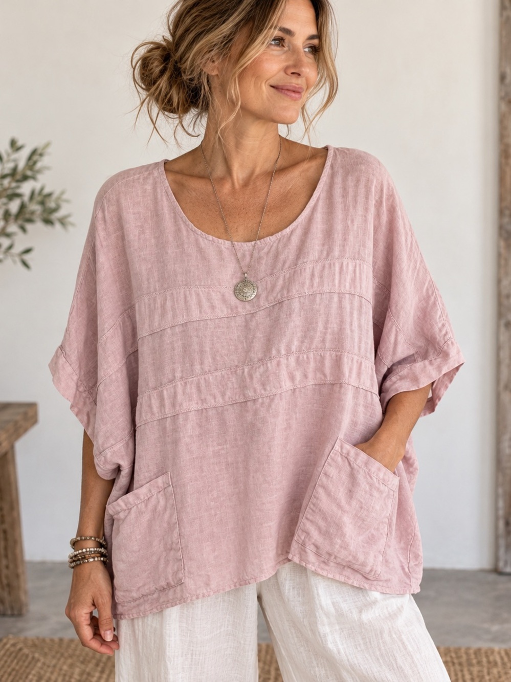 Sorella Italian Linen Lagenlook Oversized Pocket Top
